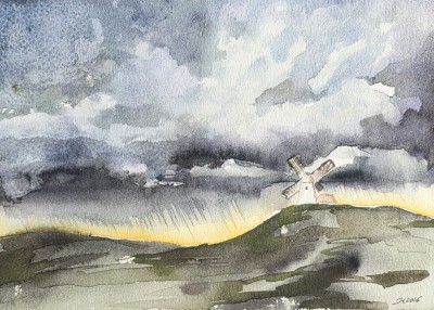 Aquarellbild einer Landschaft unter Sturmwolken mit einer Windmühle 